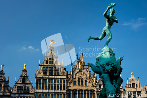 Image of Antwerp Grote Markt old houses and monumental fountain sculpture, Belgium. Flanders