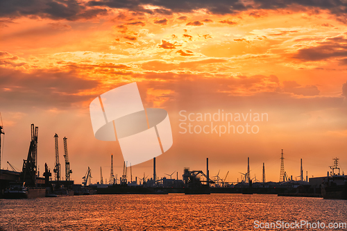 Image of Port of Antwerp on sunset. Antwerp, Belgium