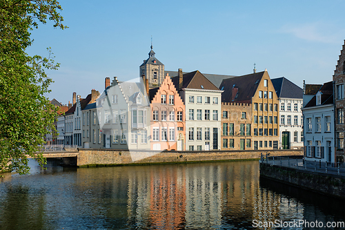 Image of Brugge canal and old houses. Bruges, Belgium