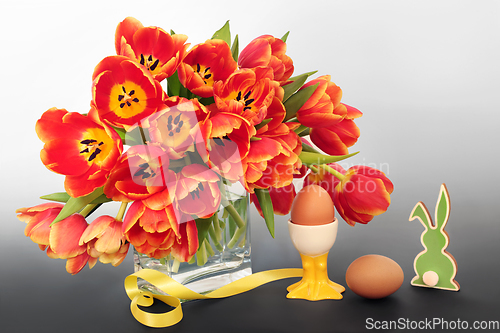 Image of Spring Tulips Eggs and Easter Bunny Arrangement