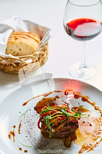 Image of Delicious beef steak with vegetables. Shallow dof.