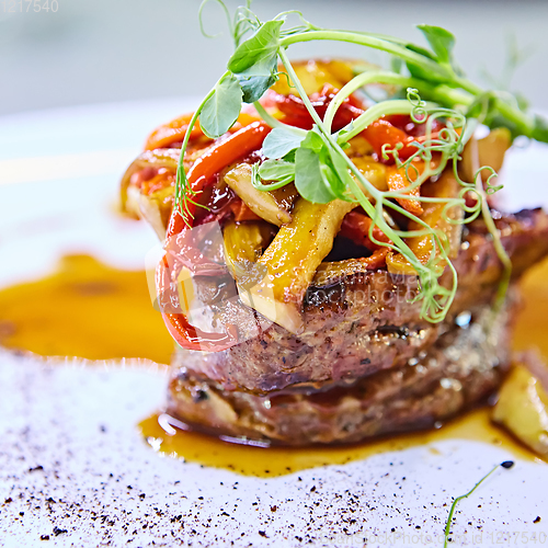 Image of Delicious beef steak with vegetables. Shallow dof.