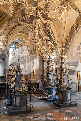 Image of Human skulls and bones in ossuary Sedlec Kostnice