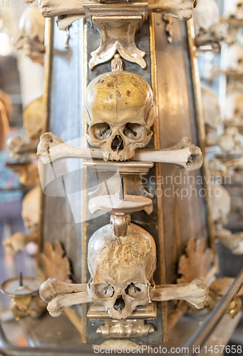 Image of Human skulls and bones in ossuary Sedlec Kostnice