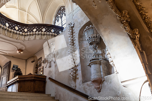 Image of Human skulls and bones in ossuary Sedlec Kostnice