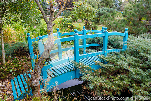 Image of small turquoise footbridge over a pond