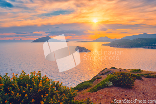 Image of Aegean Sea with islands view on sunset