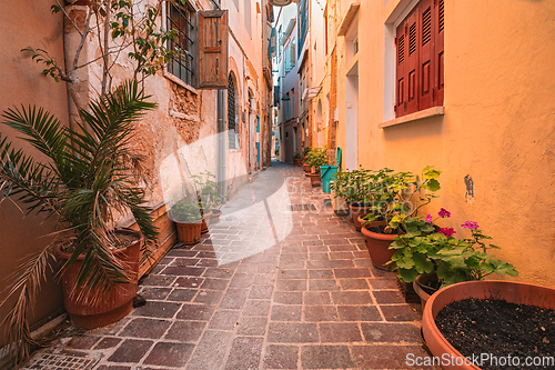 Image of Scenic picturesque streets of Chania venetian town. Chania, Creete, Greece