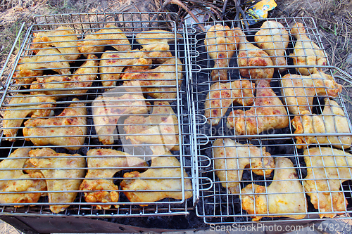 Image of barbecue from hen 's meat cooked on the fire