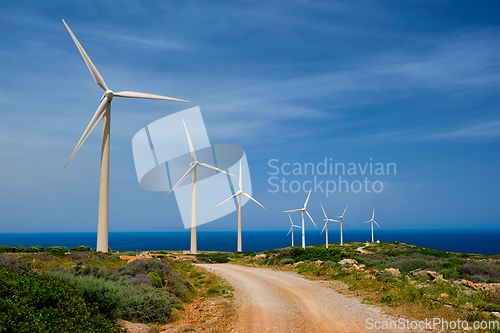 Image of Wind generator turbines. Crete island, Greece