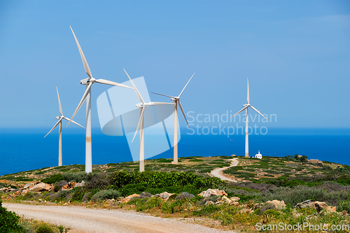 Image of Wind generator turbines. Crete island, Greece