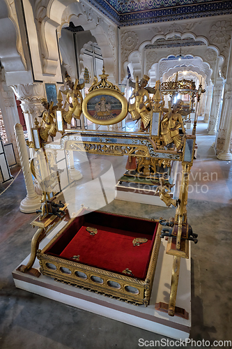 Image of A baby crib for the Maharaja's baby exhibition in Mehrangarh fort. Jodhpur, Rajasthan, India