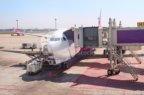 Image of Gangway to airplane at runway