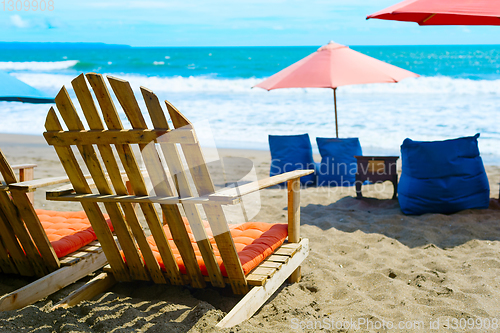 Image of Beach chairs, tropical resort. Bali