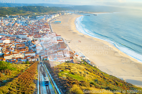 Image of Nazare skyline, funicular beach Portugal