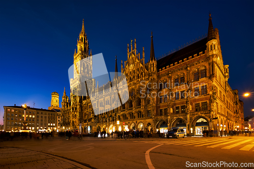 Image of Marienplatz square at night with New Town Hall Neues Rathaus