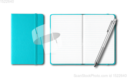 Image of Aqua blue closed and open notebooks with a pen isolated on white