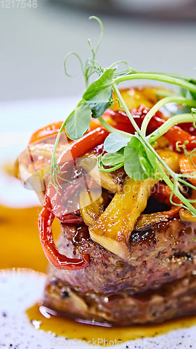 Image of Delicious beef steak with vegetables. Shallow dof.