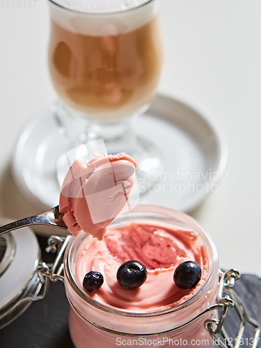 Image of Fresh strawberry yoghurt dessert in glass, selective focus.