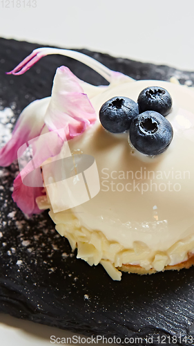 Image of The vanilla mousse with blueberry. Shallow dof.