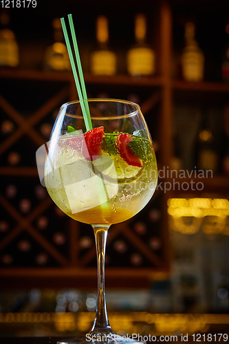 Image of Strawberry mojito. Refreshing summer drink with berries, lime and mint.