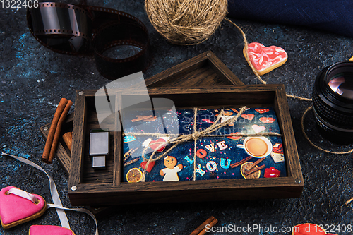 Image of Wooden photo box with photo for Valentine day or Wedding Day