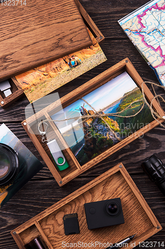 Image of Wooden photo box with photo from travel