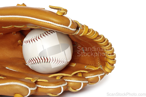 Image of Baseball catcher mitt with ball isolated on white background clo