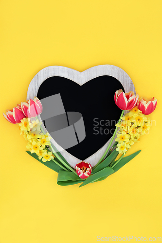 Image of Spring Flowers and Heart Shaped Chalkboard Frame 