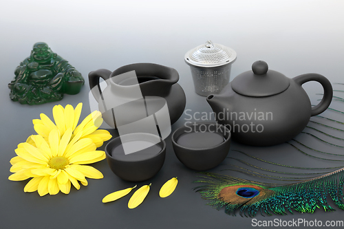 Image of Traditional Japanese Tea Ceremony with Chrysanthemum Flowers