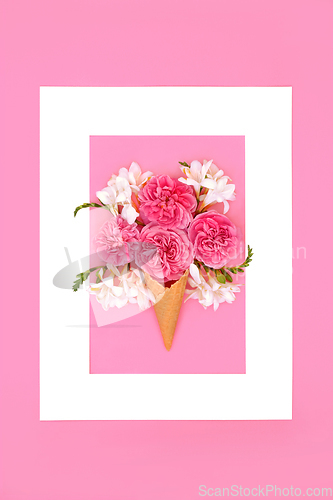 Image of Rose and Freesia Flower Surreal Ice Cream Cone Composition