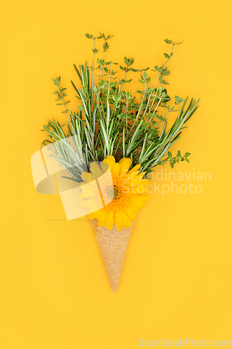 Image of Surreal Summer Ice Cream Cone Concept with Herbs and Edible Flow