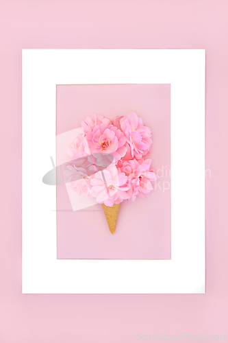 Image of Rose Flower Bouquet Surreal Summer Ice Cream Cone Background  