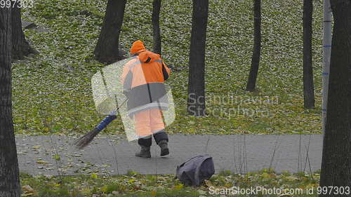 Image of Worker sweeps autumn leaves with a broom from the sidewalk