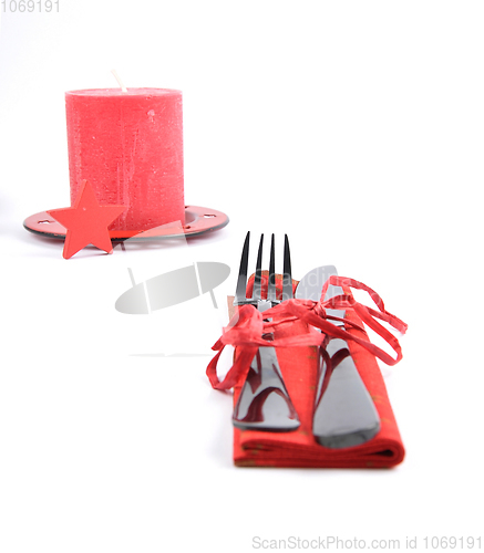 Image of Flatware with Christmas decoration on white