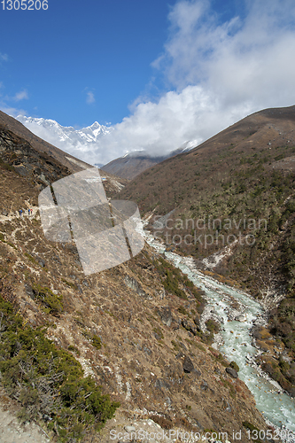 Image of Lhotse summit, trail and river in the Himalayas