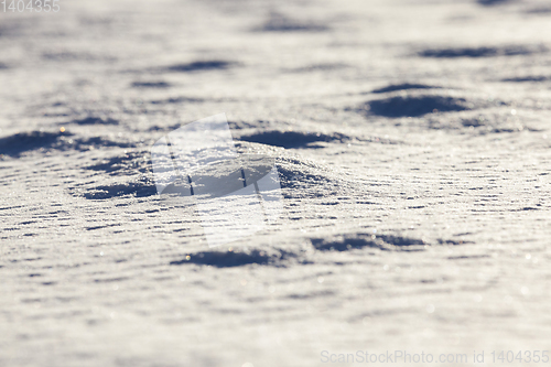 Image of Snow drifts in winter - snow photographed in the winter season, which appeared after a snowfall. close-up,