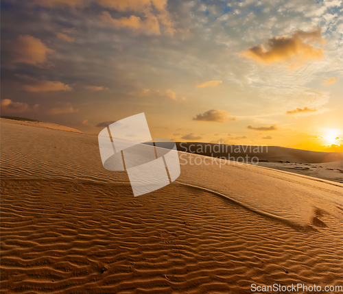 Image of White sand dunes on sunrise, Mui Ne, Vietnam