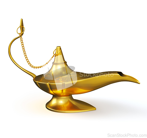 Image of Golden Aladdin magic genie lamp isolated