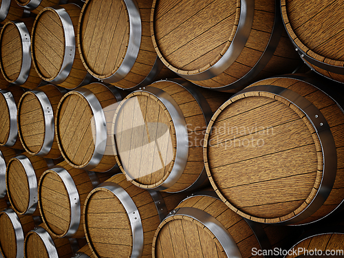 Image of Wooden oak brandy wine beer barrels rows