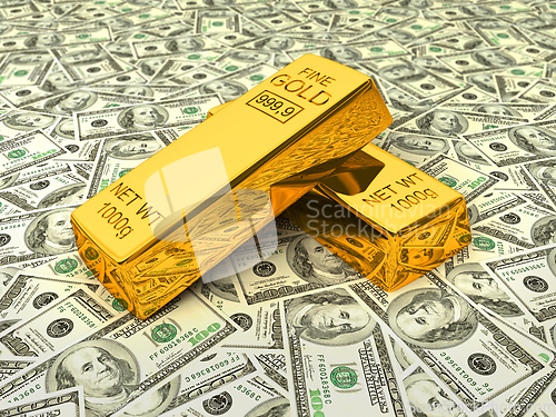 Image of Gold bars on dollars