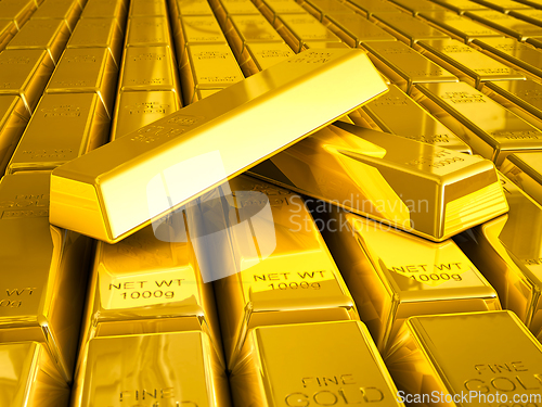 Image of Stacks of gold bars close up