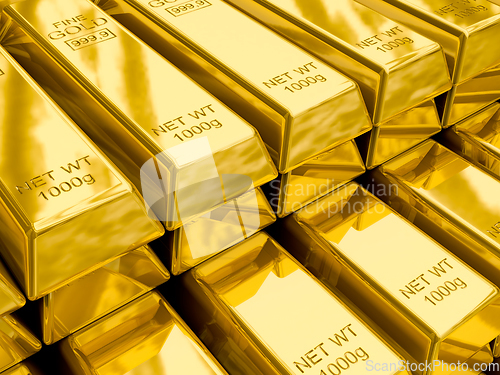 Image of Stacks of gold bars close up