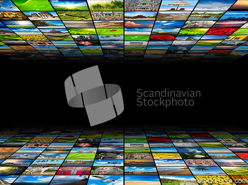 Image of Abstract multimedia background composed of many images with copy