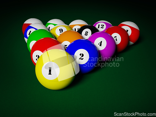 Image of Billiards pool balls on table racked