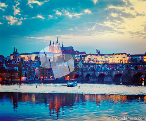 Image of View of Charles Bridge and Prague Castle in twilight