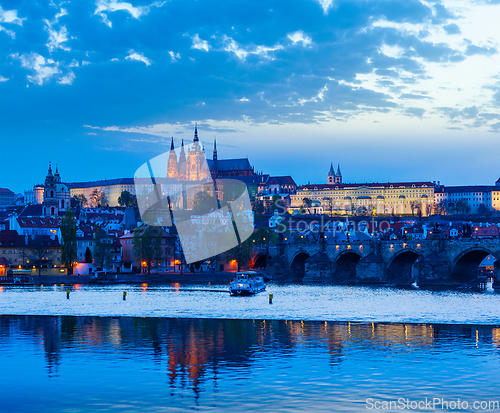 Image of View of Charles Bridge and Prague Castle in dusk