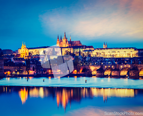 Image of View of Charles Bridge and Prague Castle in twilight