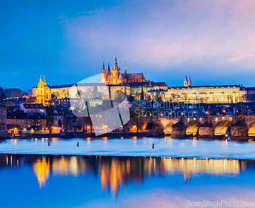 Image of View of Charles Bridge and Prague Castle in twilight