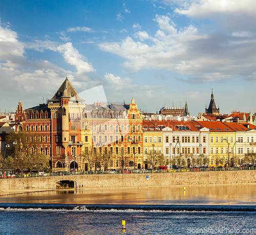 Image of Prague Stare Mesto embankment view from Charles bridge